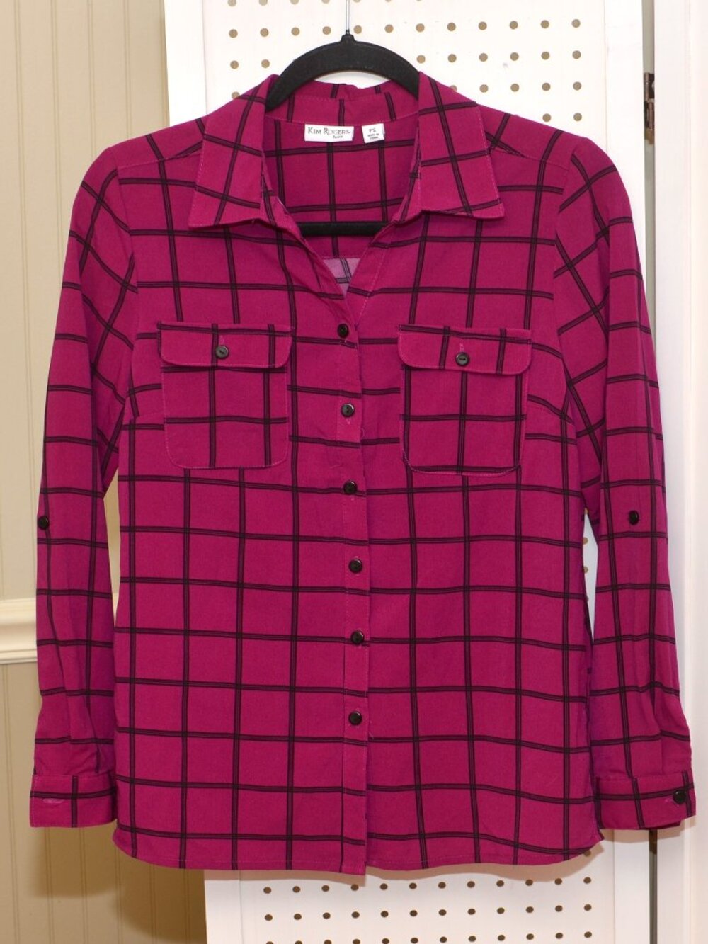 Kim Rogers Petite Small PS Plaid Windowpane Roll-Tab Button Up Pink Black Top
